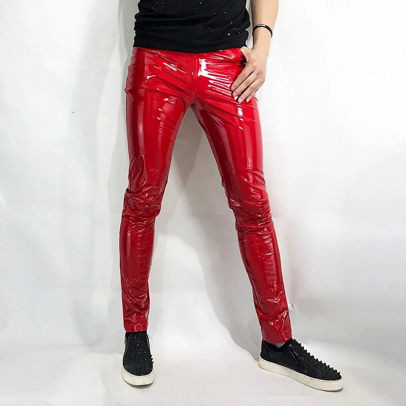 

2021 Men's Skinny Leather Motorcycle Pants Men's Fashion Hip Hop Rock Punk Slim Pu Leather Pants Stage Costume 7 Colors