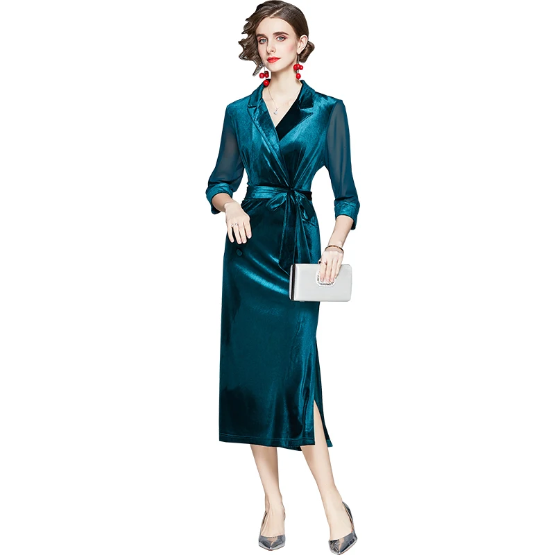 

FUCHAO Women Autumn Elegant Velvet Blazer Dress Festa High Quality Long Office Party Robe Femme Mesh Designer Pencil Vestidos