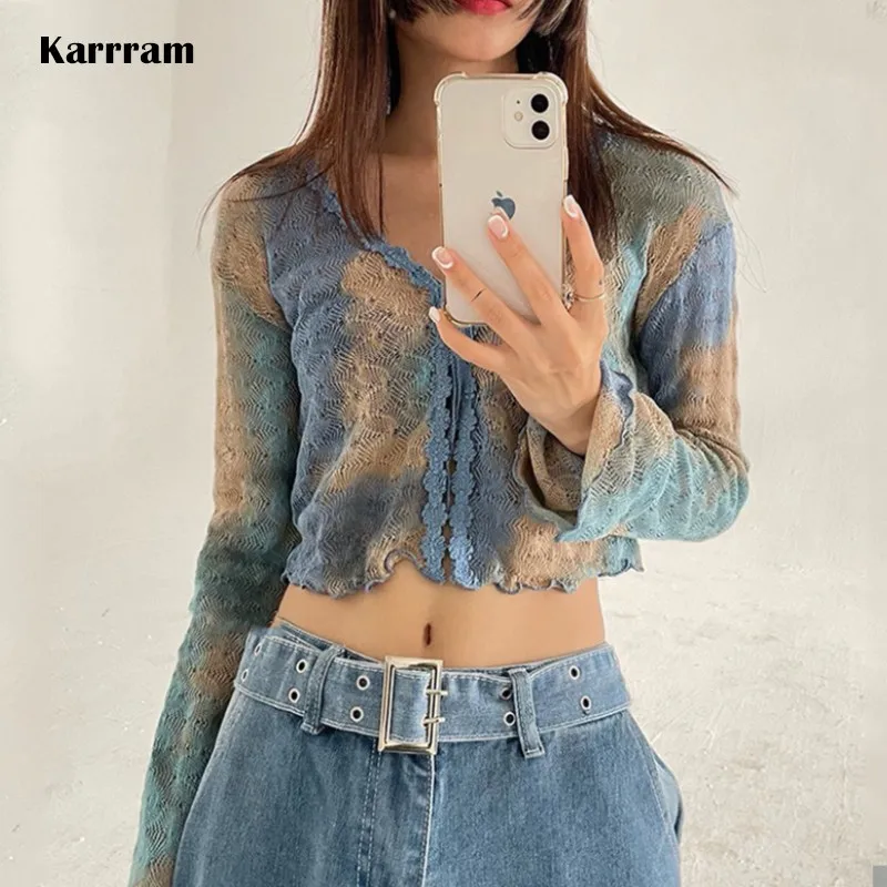 

Karrram Korean Style Tie Dye Cropped Cardigan Women Sexy V-neck Ladies Knit Short Cardigans Chic See Through Crop Top Streetwear