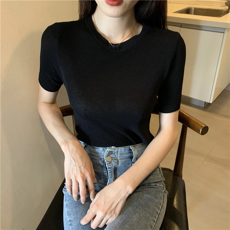 

Summer New Women Basic Knitted T Shirts Pullover Solid Short Sleeve O Neck Simple Tops Casual All Match Slim Thin Tee T-Shirt