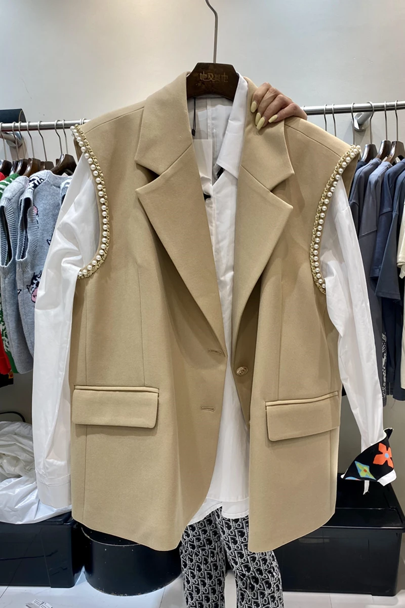 

2021 Spring New Pearl Chain Loose Two-Button Sleeveless Vest Coat Women's Fashion Solid Color Notched Blazer Vest