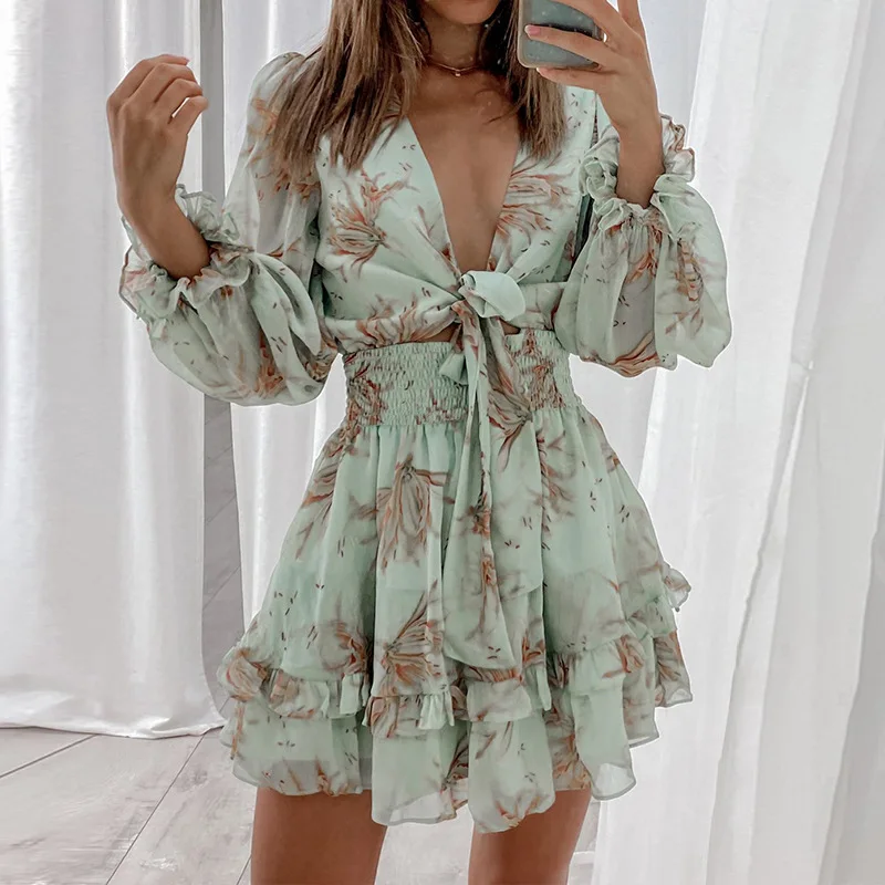 

wsevypo Elegant Fashion Floral Chiffon Ruffles Dress Mini A-Line Fall Spring Women's Lantern Sleeve Deep V Tied Up Dress