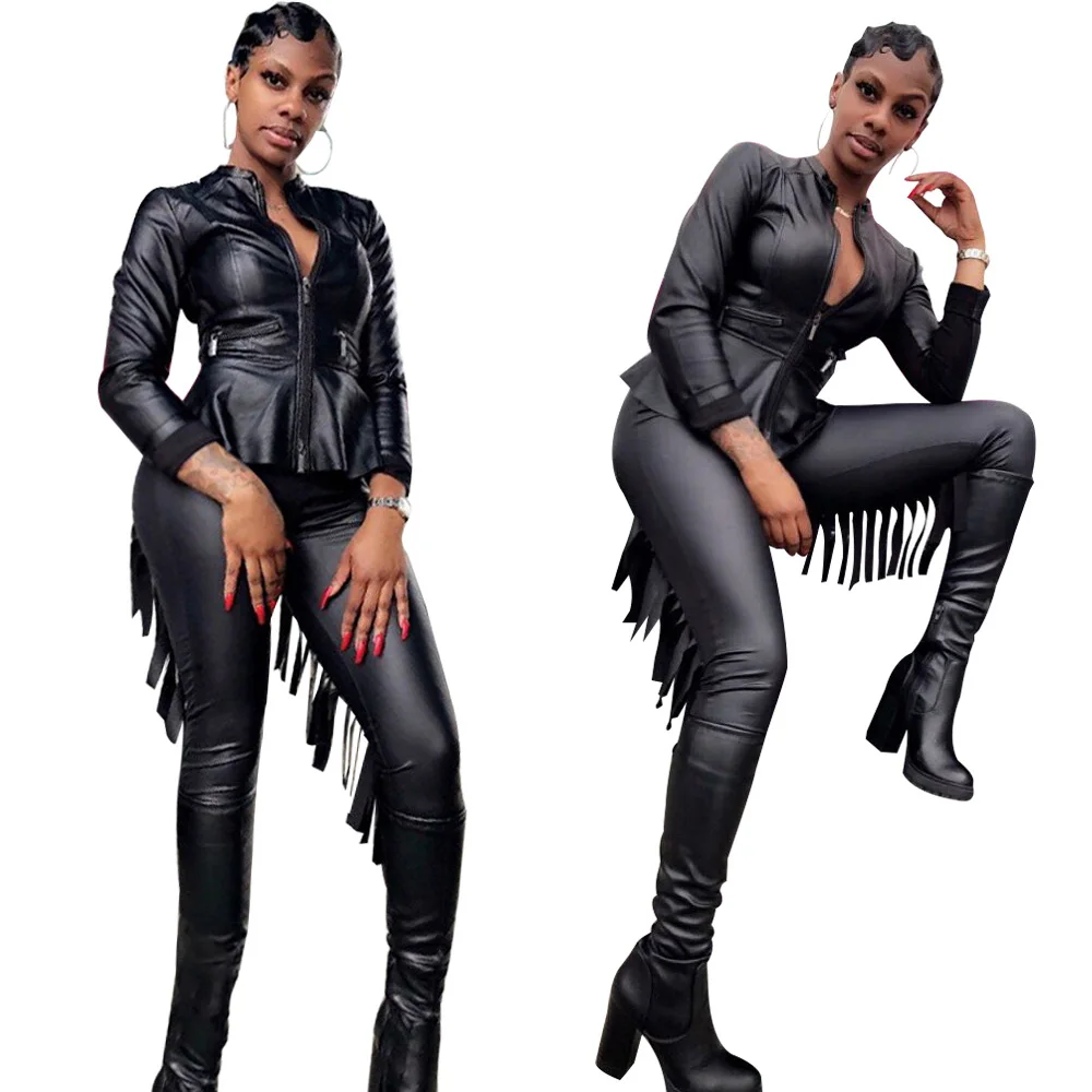 Женский сексуальный костюм в стиле панк из искусственной кожи с бахромой Клубная