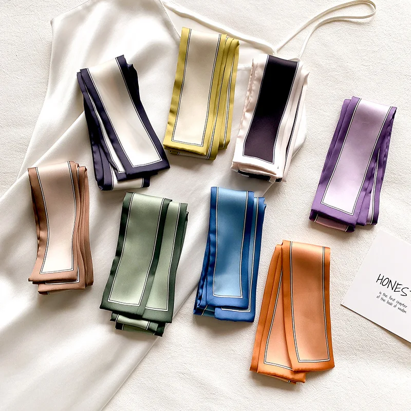 

Модный женский шарф весна-лето Новинка ярких цветов узкая полоса маленький шелковый шарф женский ремень для волос Длинные ленты женский ре...