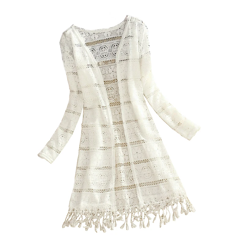 

New 2020 Summer Tassels Jakcet Chaqueta Mujer Women Long Sleeve Hollowing Medium Long Cardigan Fashion Womens White Outerwear