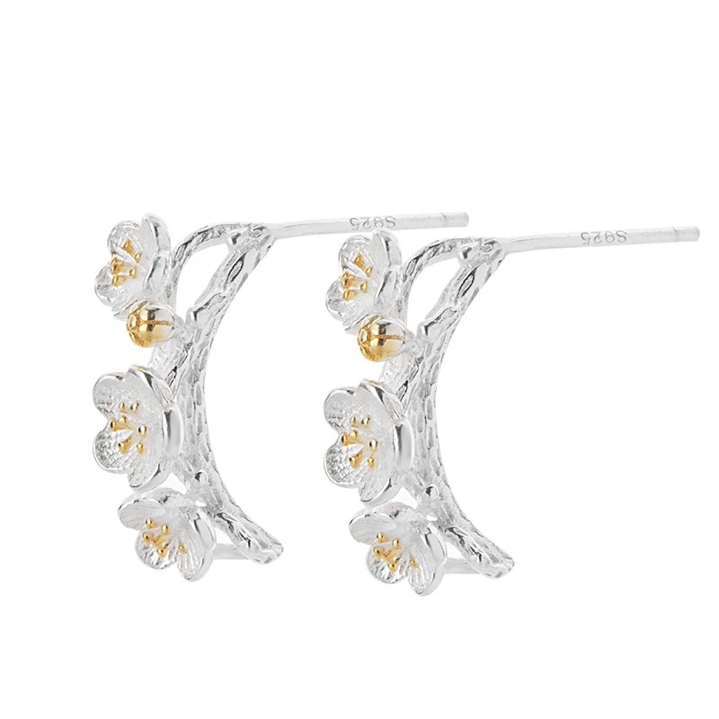 Серебряные серьги гвоздики с цветком вишни 925 ветви деревьев сакуры для женщин и