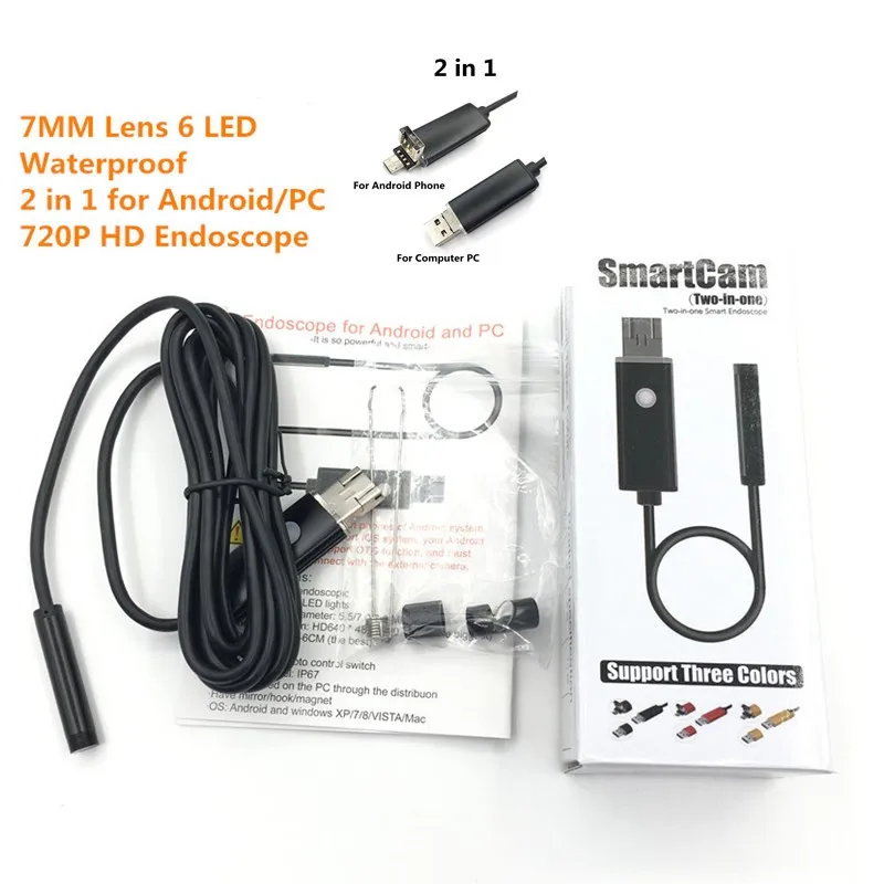 1 м 2 7 мм объектив 6 светодиодов в Android/ПК 720P HD эндоскоп трубка водонепроницаемый
