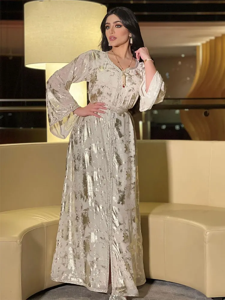 Арабский Кафтан Jalabiya, женское длинное шифоновое мусульманское платье с золотым тиснением, марокканский кафтан, вечернее праздничное сваде...