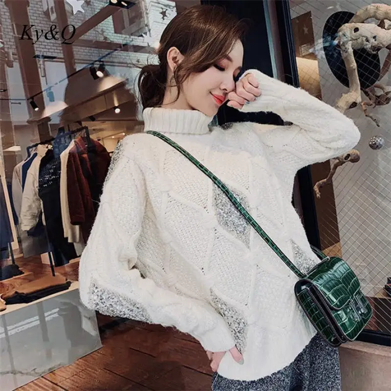 

Runway High Quality Women Fashion Winter White Casual Diamond Beaded Turtleneck Luxury Sweater 2020 New Long Sleeve Jumper