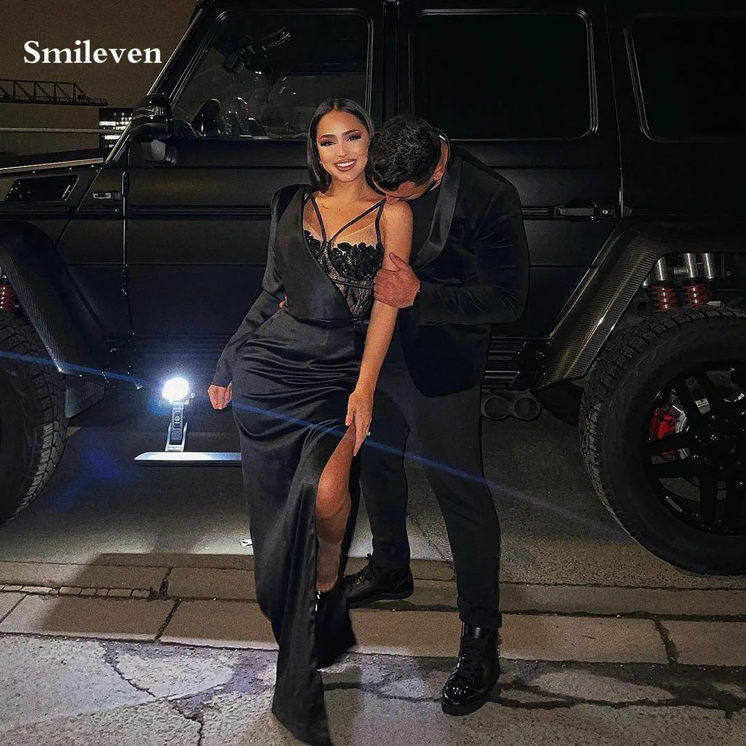 

Smileven Sexy Mermaid Evening Dress Pleats Black Lace Prom Dresses Elegant Side Split SleeveLess One Shoulder Evening Party Gown