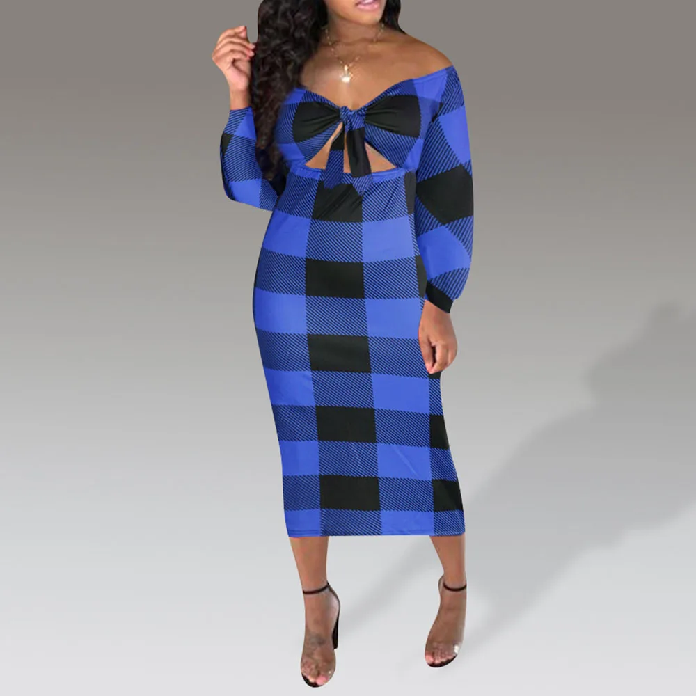 Blue Check Wrap Chest Dress Plaid Spring Autumn Casual Bodycon Midi Dresses Robe Slash Neck 2020 Summer Femme Vestiods | Женская одежда