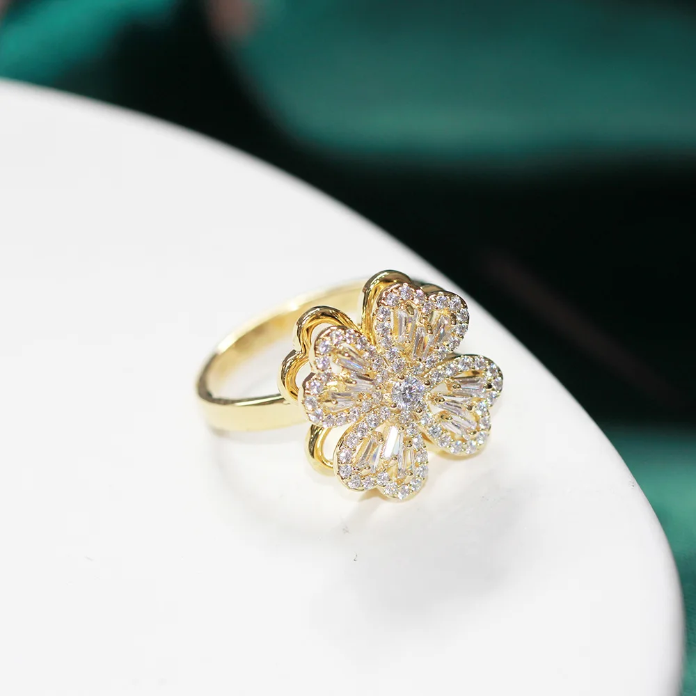 

2021 New Design Four Leaf Clover CZ Zircons Ring Women Fashion Personality Exquisite Openning Ring Unusual Luxury Jewelry Gifts