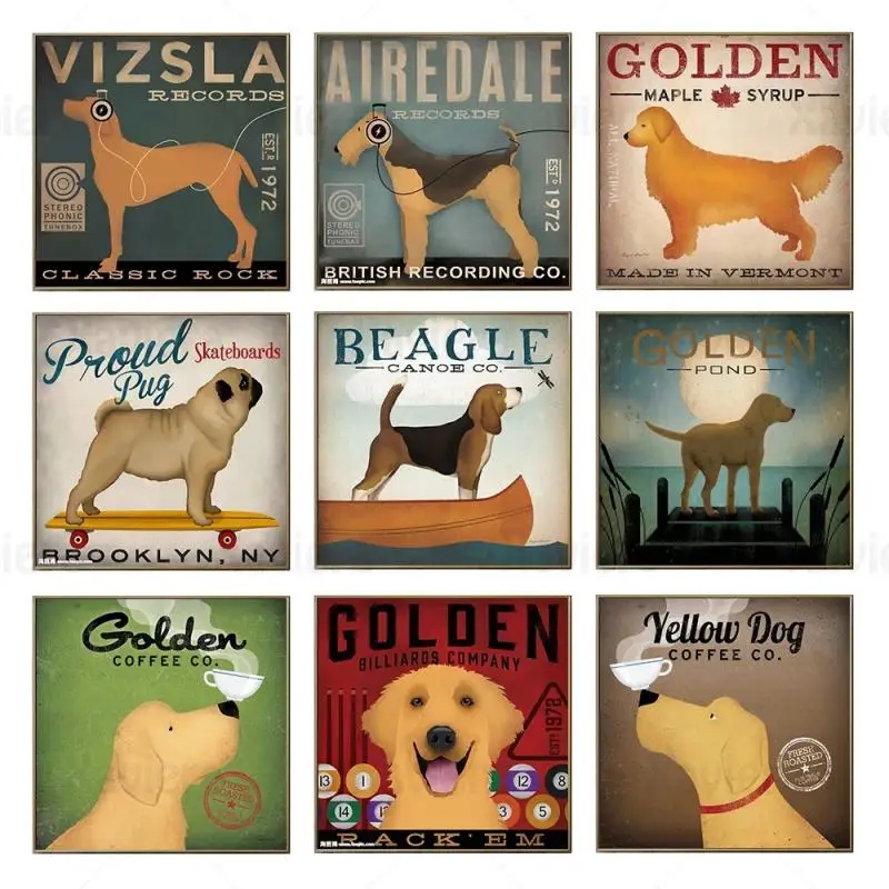 

Vintage Dog Poster Airedale Pugs Beagle Golden Husky Yellow Dog Pet Animal Canvas Painting Square Poster Retro Wall Art Home Dec