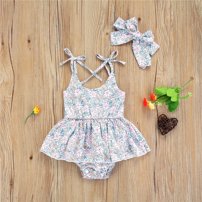 

2pcs Baby Girls Summer Clothes Sets,Sweet Cute Floral Printing Lace Up Strap Sleeveless Suspender Romper+Headwear Set,0-2Years