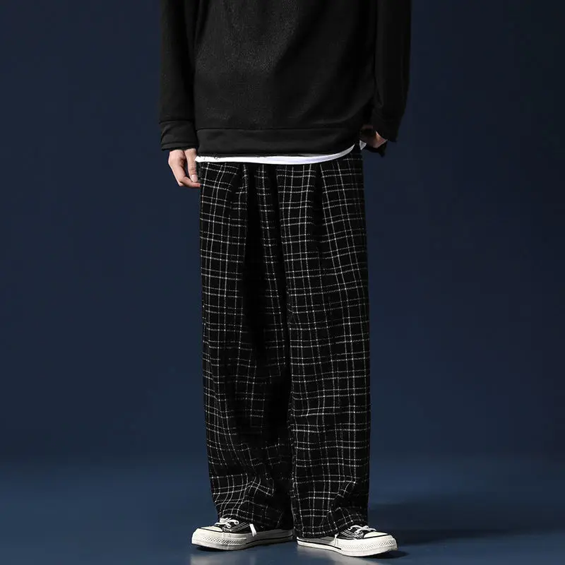 

Winter Thick Plaid Pants Men's Warm Fashion Retro Casual Wide-leg Pants Men Streetwear Loose Straight-leg Pants Mens Trousers