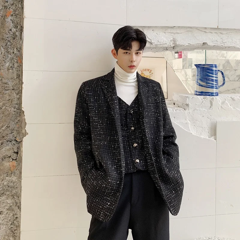 

Men Autumn Winter Fake 2PCS Splice Loose Casual Woolen Suit Jacket Blazer Male Streetwear Vintage Fashion Suits Coat Outwear