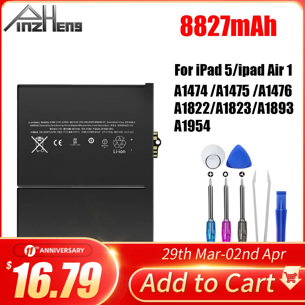 

PINZHENG 8827mAh Tablet Battery For iPad 5 Air 1 Replacement Bateria A1474 A1475 A1476 A1822 A1823 A1893 A1954 Battery With Tool