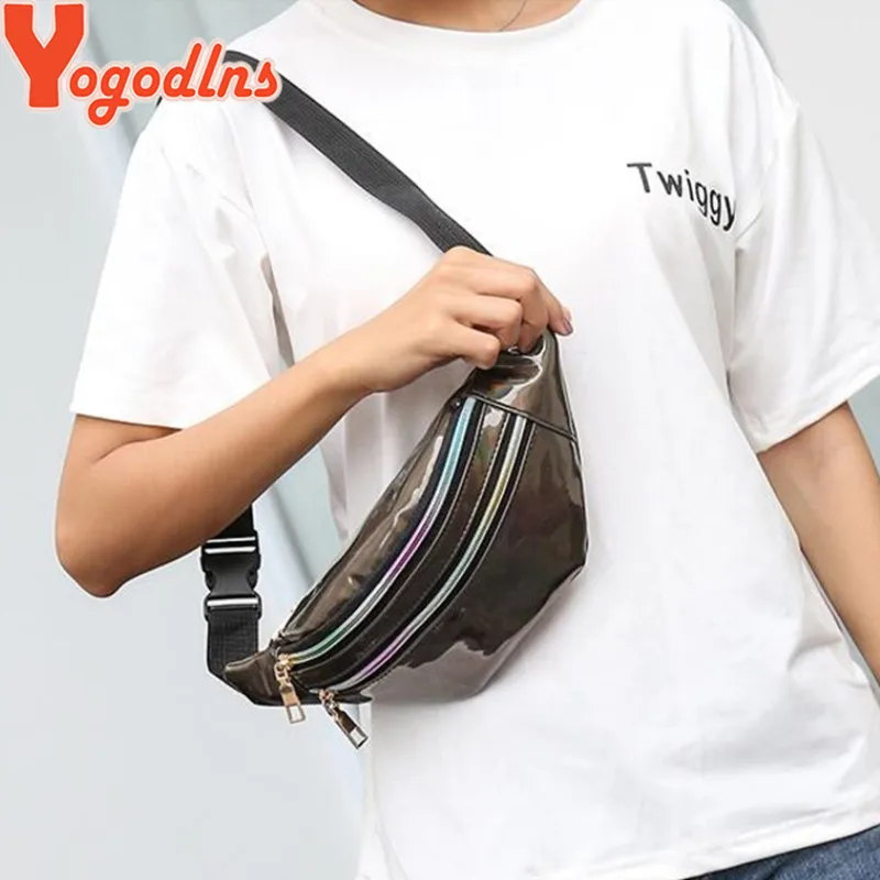 Yogodlns Fashion Glossy Laser Pack with Adjustable Strap Women Sports Crossbody Bag Double Zipper Purse for Girl |