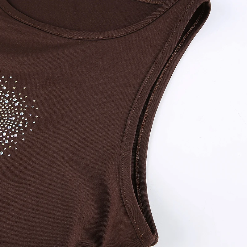 Coração Gráficos Shinny Diamante Remendos Y2k Marrom Tanque Topo Casual Lado Ruched Cordão Verão Camisola Feminino Esportes Iamhotty 7 High Quality Moda Feminina