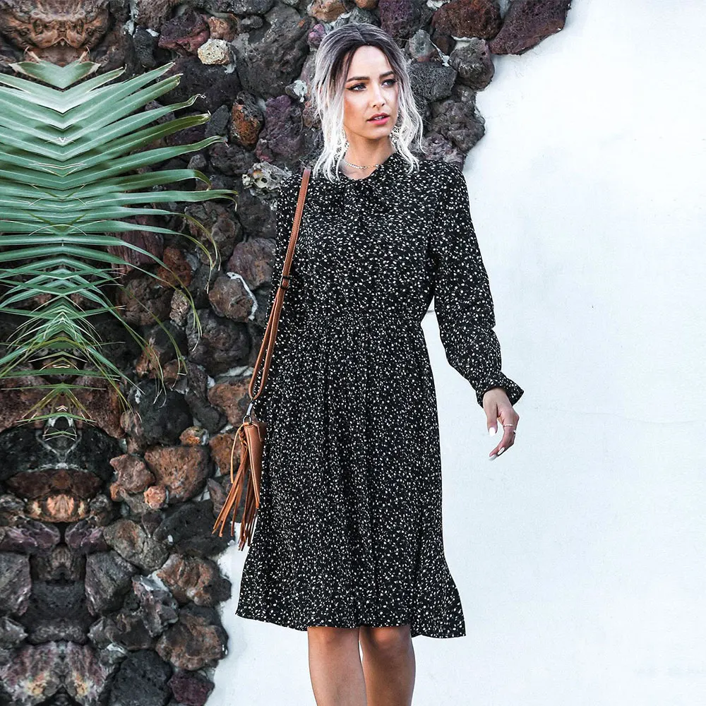 

2021 Spring Summer New Chiffon Dress Women Bow Collar Butterfly Sleeve High Waist Print Knee Length Pleated Dresses Ladies