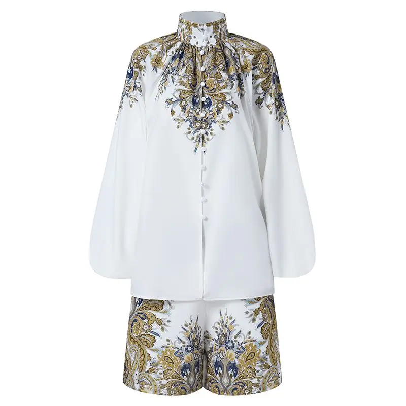 Костюм летний женский с длинным рукавом-фонариком модный топ принтом Celmia рубашка