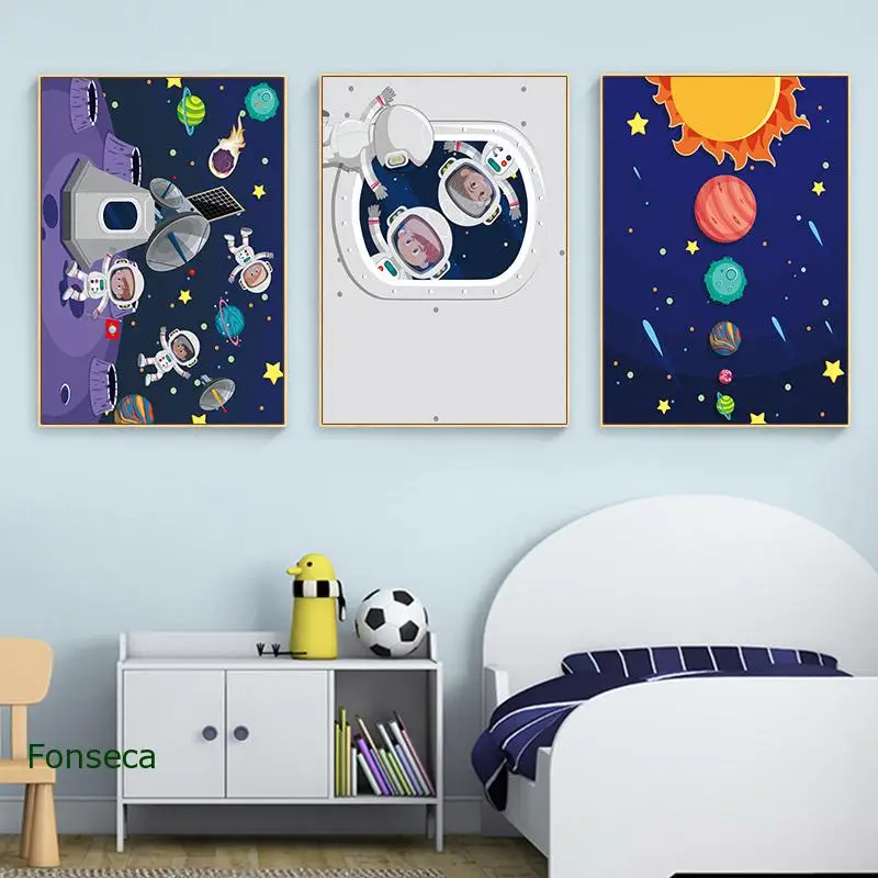 

Boys Room Kids Nursery Decorations Poster Astronaut Space Planet Canvas Painting Scandinavian Nordic Wall Art Pictures