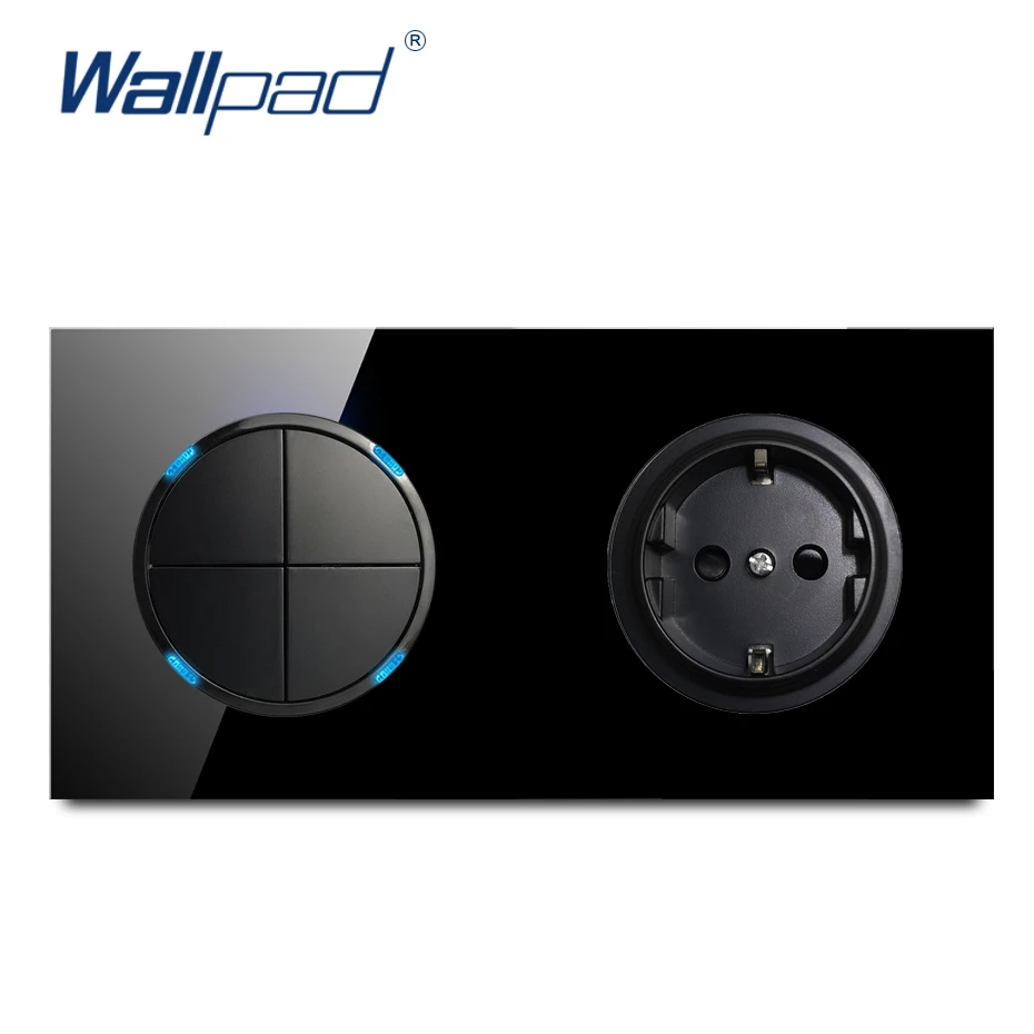 Wallpad 4 Gang 2 Way EU 16A немецкая розетка с кристаллами из закаленного чистого черного