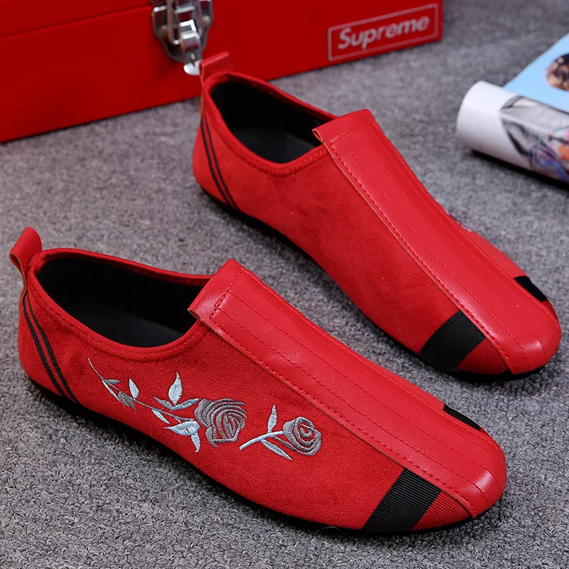 Мужские мокасины с красной вышитой розой лоскутные лоферы из искусственной