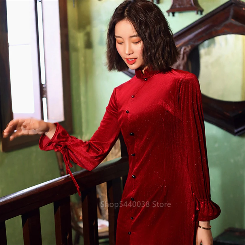 

Plus Size 2020Chinese Women Lace Qipao Sexy Spilt Mandarin Collar Fancy Vintage Chinese Dress Elegant Lady Party Dress Cheongsam