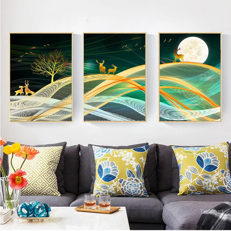 Nordic Стиль задний фон луна ночь олень плакат золотой ткани Wall Art холст картины