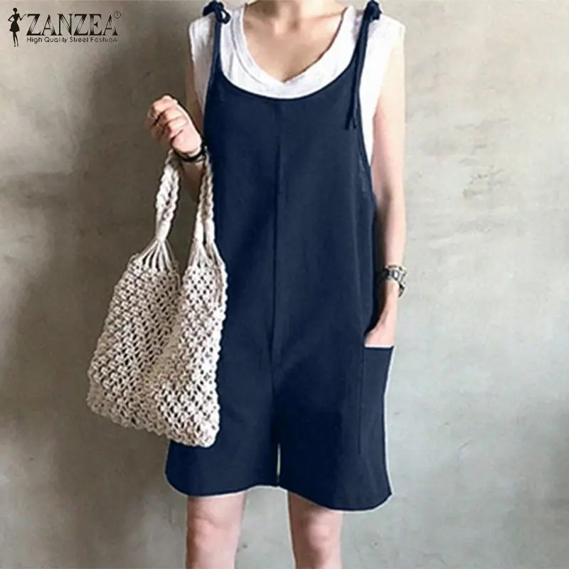 

Casual Loose Dungarees Romper ZANZEA Solid Short Overalls Fashion Sleeveless Wide Leg Playsuits 2021 Summer Womens Jumpsuit