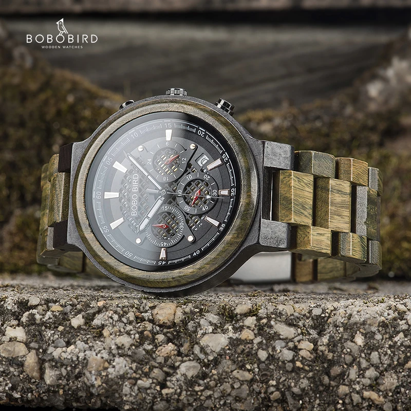 

BOBO BIRD Men Wood Quartz Wristwatch Retro Green Sandalwood Timepiece Multifunctional Chronograph Accept Customized reloj hombre
