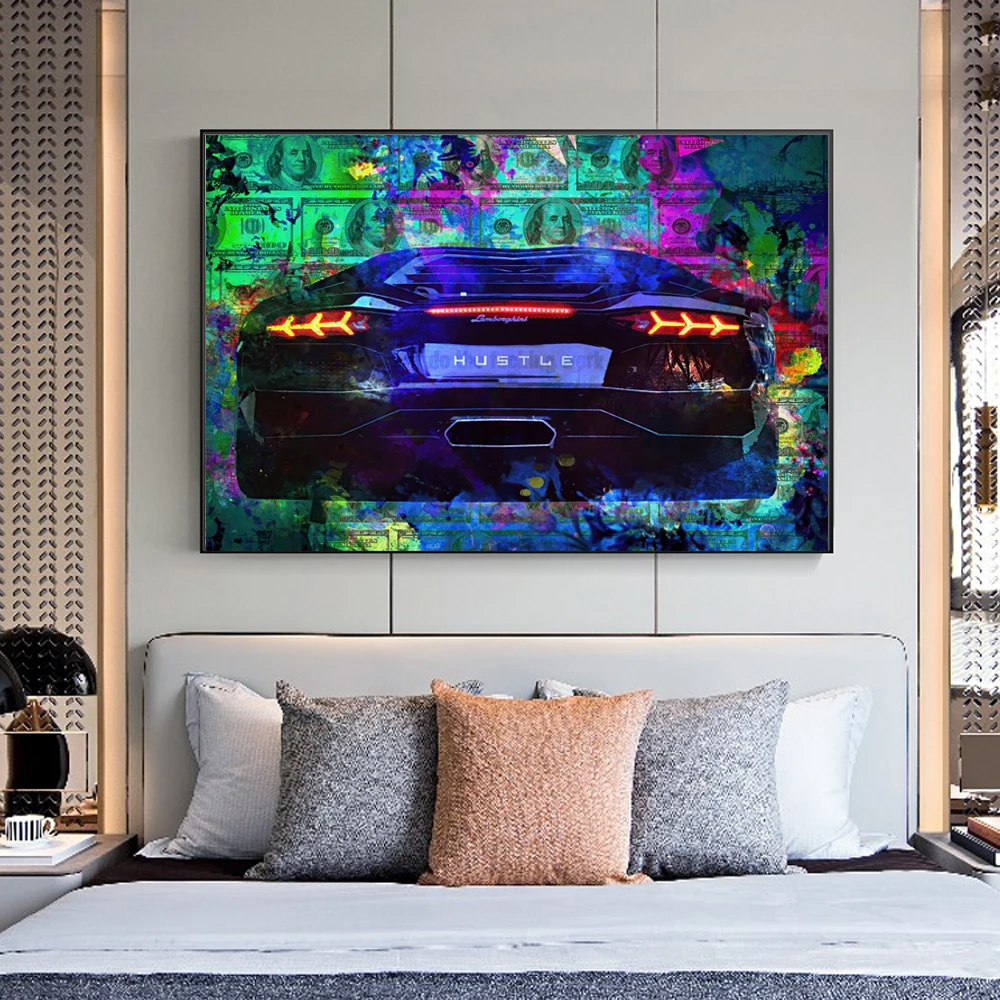 

Dollars and Car Abstract Canvas Prints Modern Money Graffiti Paintings on the Wall Street Art Pictures Home Decoration Cuadros