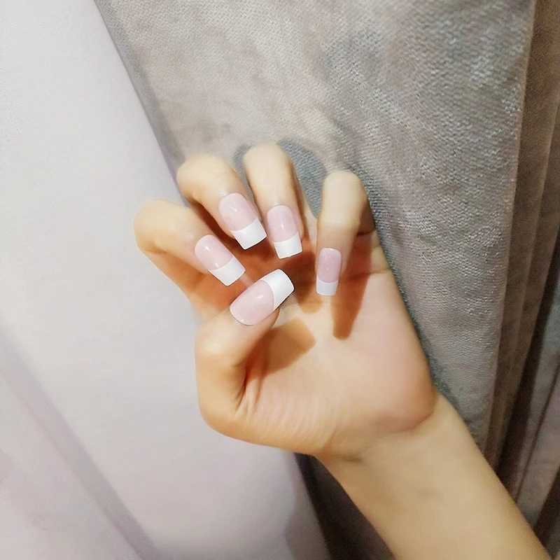 24pcs Light Pink Color French Style Fake Nails Full Cover Detachable Wedding Bride False Nail Tips Manicure Tool With Glue | Красота и