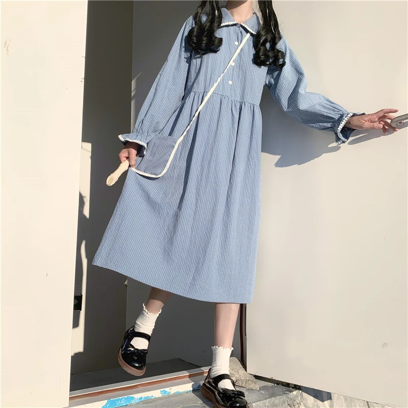 

Japanese Style Sweet Blue dress women summer Long Sleeve ins doll collar Kawaii Lolita Dress Mori Girl Cute Spring Autumn
