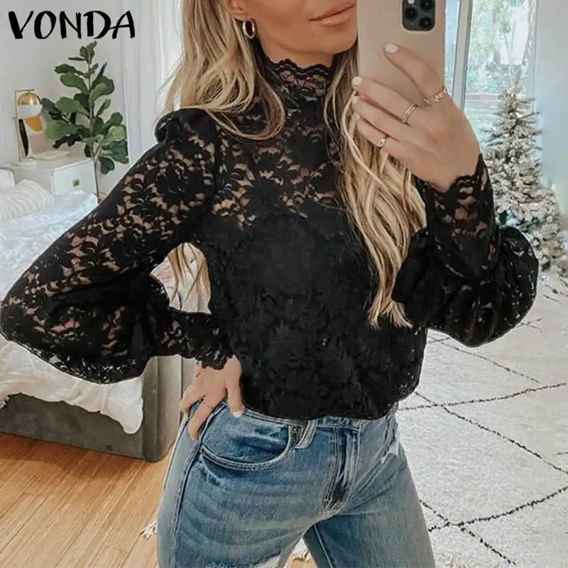 

Women Blouse 2022 VONDA Autumn Women Casual Long Sleeve Mock Neck See Through Vintage Crochet Blouse Party Blusas Femininas