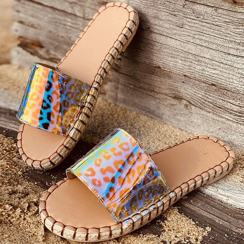 

Summer Novelty Laser Animal Print Women Outdoor Slippers Platform Hemp Sewing Sole Beach Slides Casual Leisure Shoes Ladies 2021