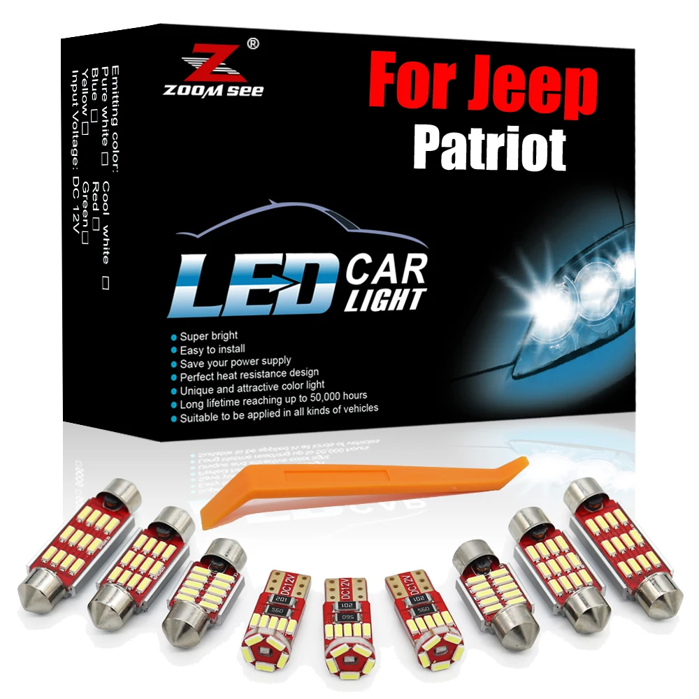 

Luxury White Canbus LED Interior Kit 8pcs For Jeep Patriot ( 2007 2010 to 2016 ) Vehicle Car Dome Map License Plate Bulb Light