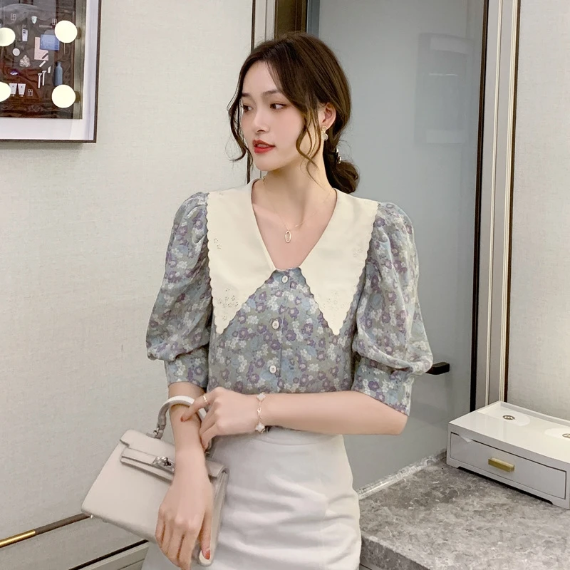 

YOSIBCD Women 2021 Fashion Floral Print Button-up Blouses Vintage Lapel Collar Short Sleeve Female Shirts Blusas Chic Tops