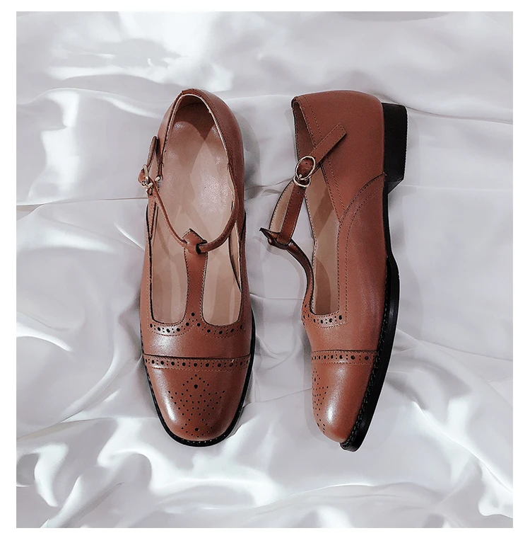 

England style high quality women's genuine leather Brogue Shoes Chic T-shaped flat shoes EU35-39 Size BY775