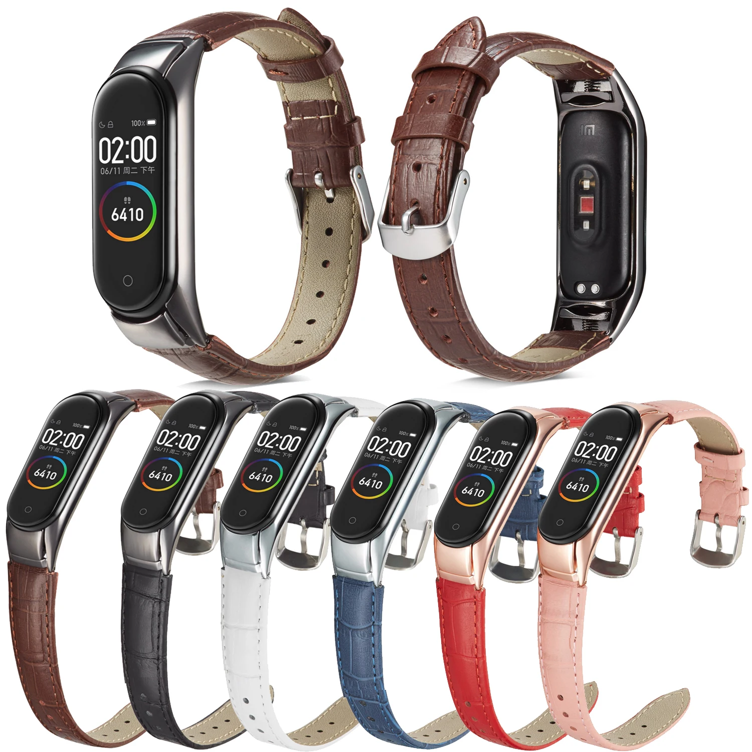 Ремешок кожаный для смарт-часов Xiaomi Mi band 6 5 4 3 серебристый черный розовое золото