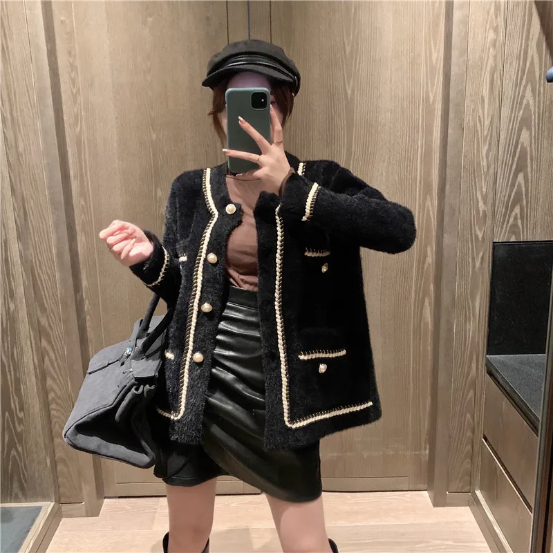 

Autumn Winter Fashion Women Jacket Beading Outwear Tops Office Lady Chic Coats Spring Solid Loose Faux Mink Hair Jackets Tops