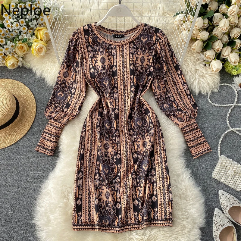 Neploe Ins Ретро стиль платье с принтом высокая талия бедра линия бодикон Vestido о