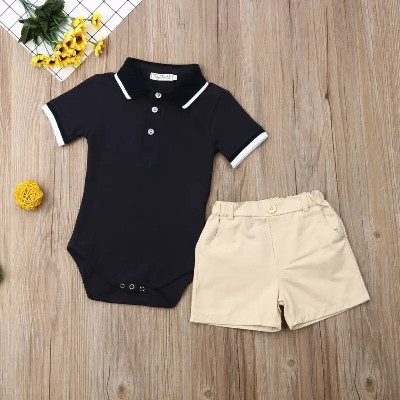 2019 Toddlr Boy Clothes 2PCS Infant Baby Short Sleevee Solid Jumpsuit Bodysuit+Pants Shorts Gentleman Outfit Set |