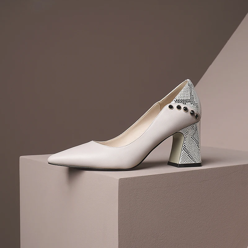 

ISNOM Genuine Leather Pumps Shoes Woman Thick High Heels Shoes Women Pointed Toe Basic Pumps Ladies Mixed Color Heels