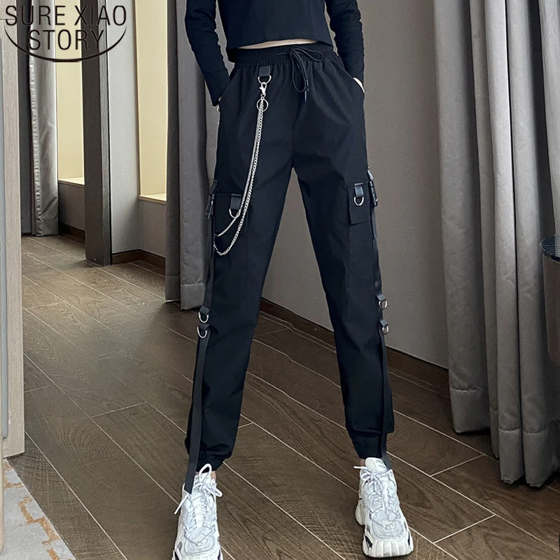 

Women Cargo Pants Elastic Waist High Streetwear Buckle Ribbon Pocket Pant Jogger Harajuku Punk Ring Chain Females Trousers 12826