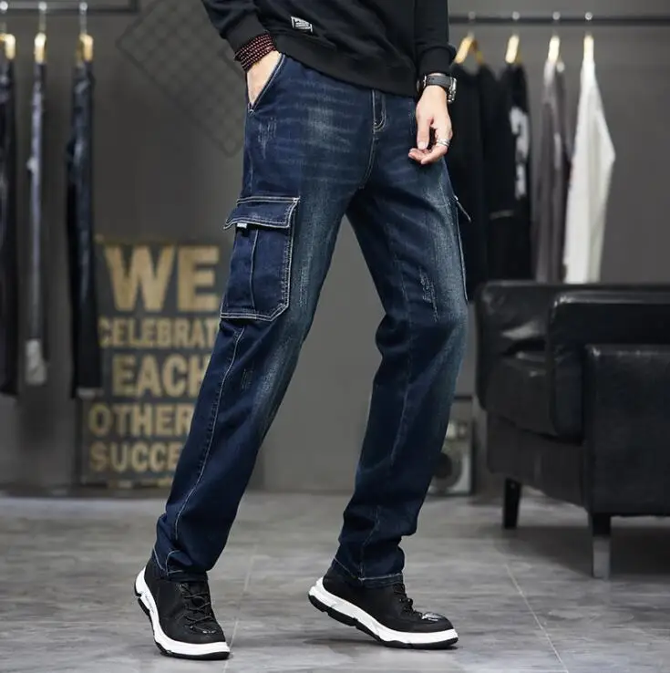 Multi-Pocket Cargo Jeans Men Military Denim Pants Loose Wear-Resistant Stretch Jeans Oversize Size 28-44 Jeans Men