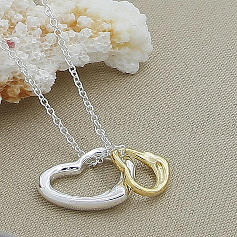 

AGTEFFER 925 Sterling Silver Gold Double Heart Pendant Necklace 18 Inch Chain For Women Wedding Engagement Fashion Charm Jewelry