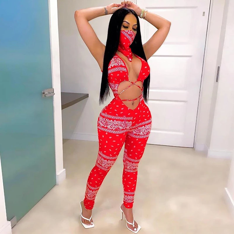 

UVRCOS Elegant Lace Up Prited Backless Bodycon Jumpsuit Women 2020 Summer Skinny Sleevesless Clubwear Sexy Beach Party Bodysuit