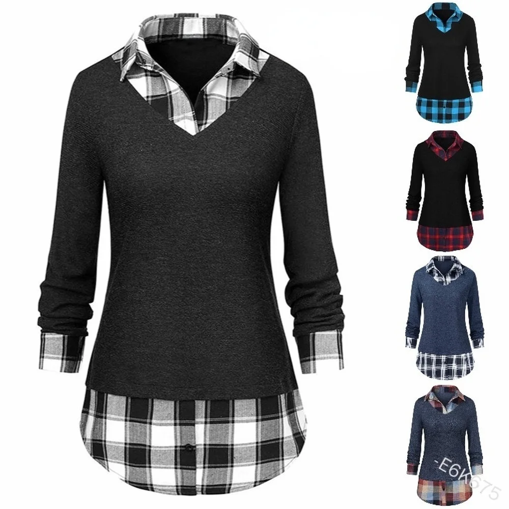 

Fall 2021 Fashion Women Plaid Fake Two-piece Shirts Solid Color Pullover Long Sleeves Casual Blouses Shirts Polo-Neck Plus Sized